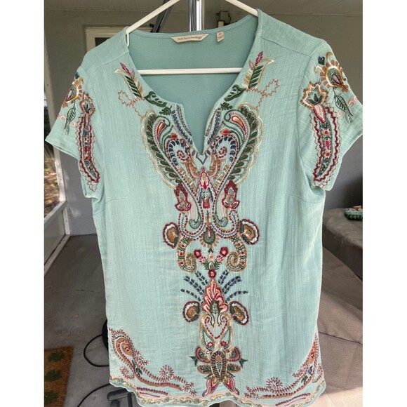 Soft Surroundings Belcaro Embroidered Beaded Short Sleeved Aqua Blue Tunic XS - Picture 5 of 7
